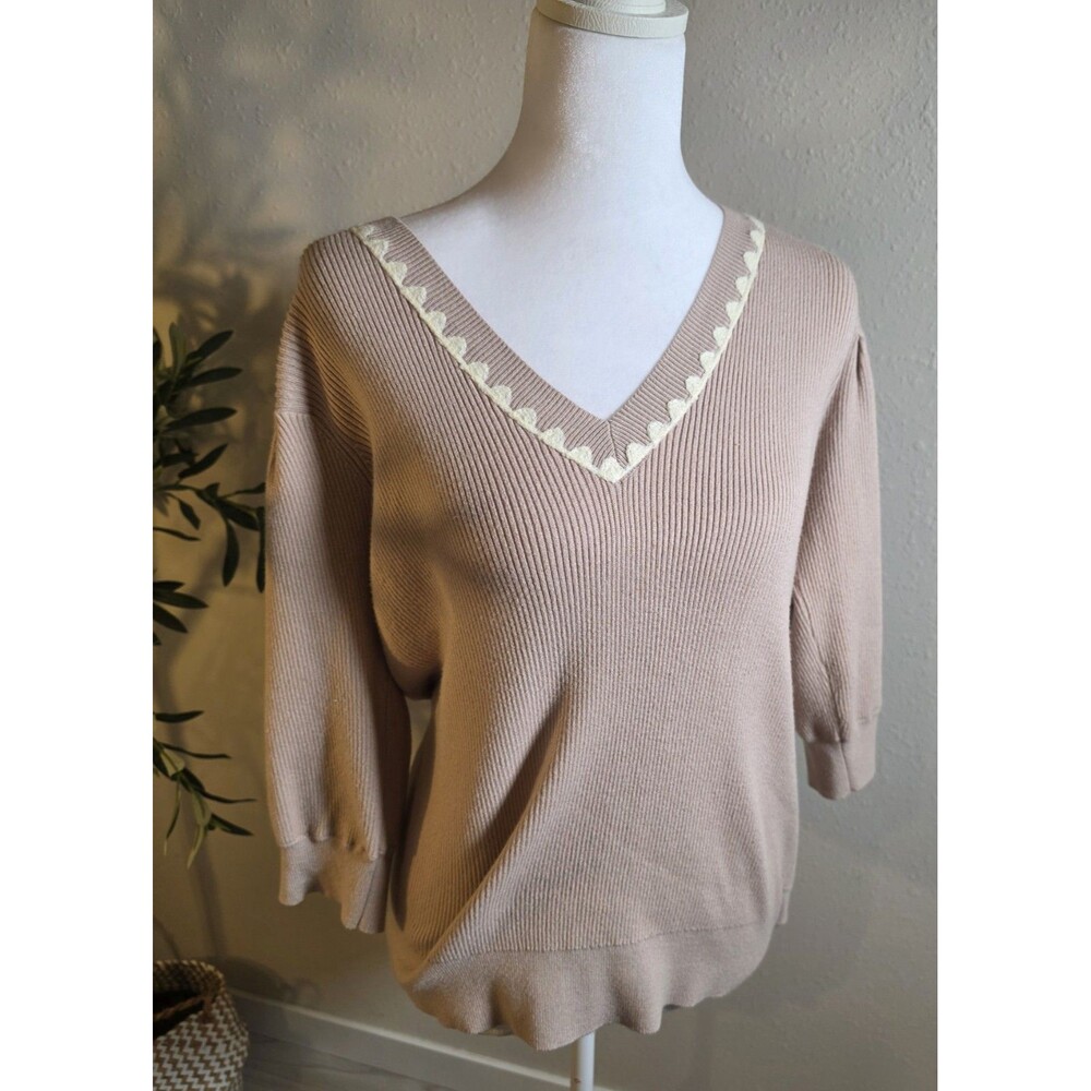 Hem & Thread Mauve Ribbed Knit V-Neck Sweater Crochet Trim Boho Size M